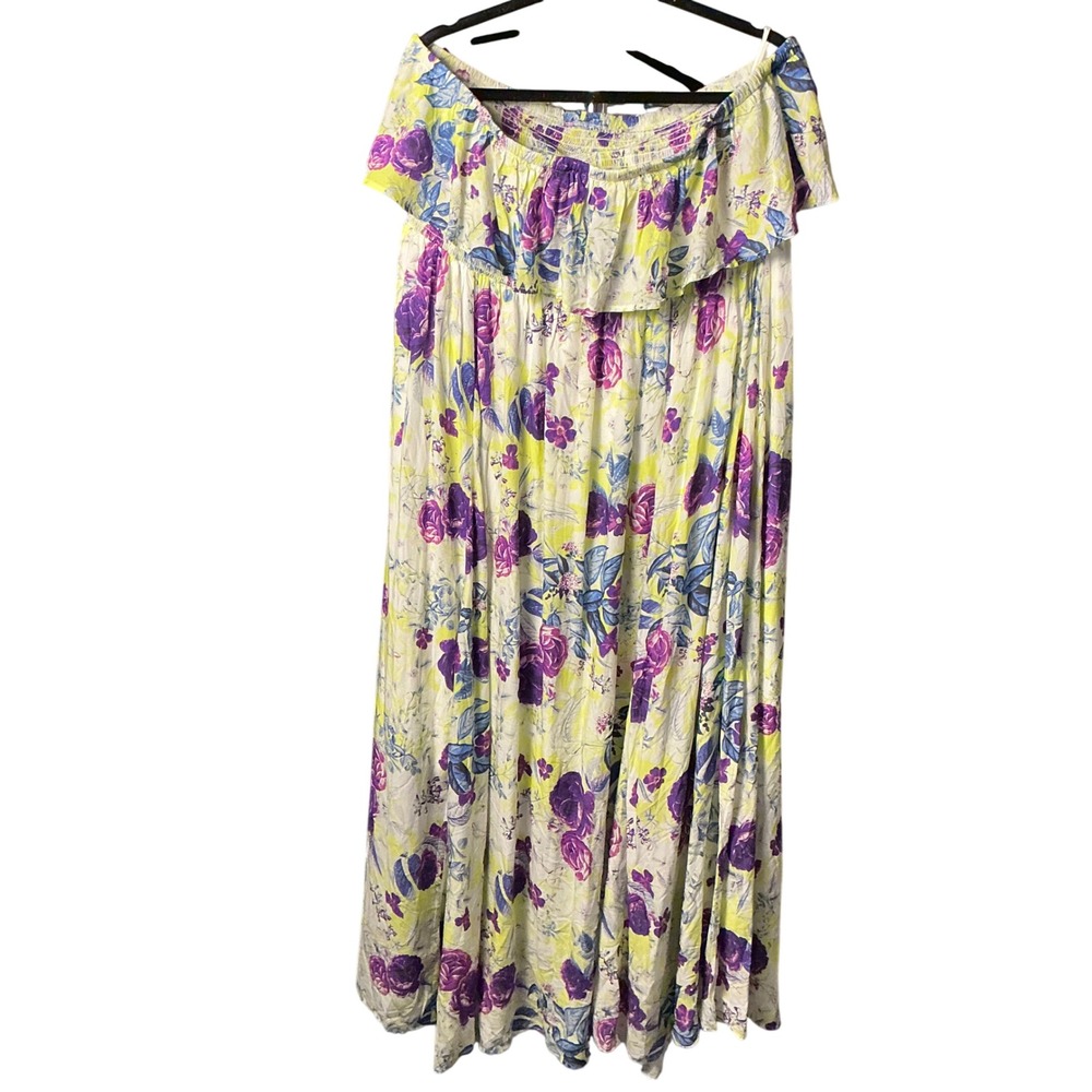 Torrid White Floral Challis Strapless Smocked Maxi Dress Purple Lime 3 3X 22-24